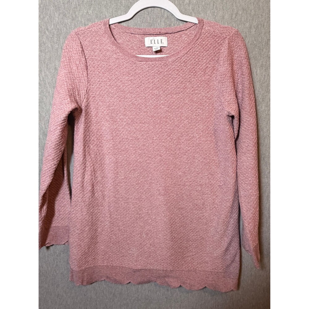 ELLE Women's Size M Pink Textured Knit Crew Neck 3/4 Sleeve Sweater Scalloped